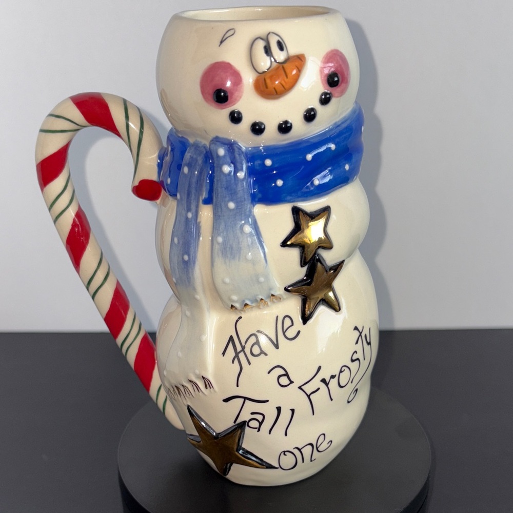 Whimsical Snowman Ceramic Mug with Candy Cane Handle - Blue Scarf